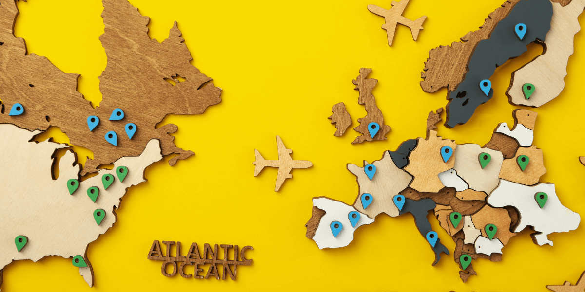 wooden map displaying the Atlantic Ocean and the countries nearby